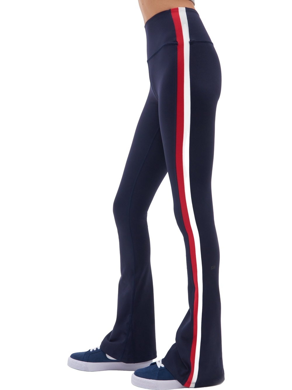 Splits59 Navy Flared Leggings with Red and White Side Stripes